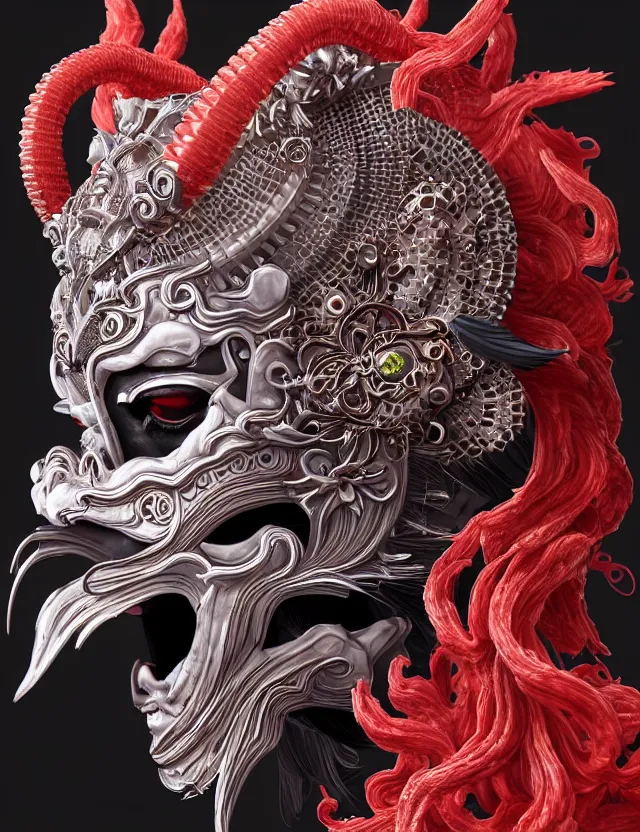 Prompt: 3 d goddess close - up profile satan biohazard portrait with crown, ram skull. beautiful intricately detailed japanese crow kitsune mask and clasical japanese kimono. betta fish, jellyfish phoenix, bio luminescent, plasma, ice, water, wind, creature, artwork by tooth wu and wlop and beeple and greg rutkowski