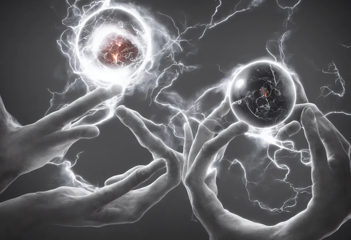Prompt: A hand holding a powerful wizards orb containing an apocalyptic vision, smoke electricity sparks emanate from the wizards orb, ultra high resolution, hyper realistic, intricate details, cinematic, award winning. Rendered with autodesk arnold unreal engine octane render Lumion Blender Maxwell.