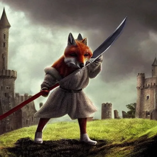 Prompt: anthropomorphic fox!! who is a medieval knight holding a sword towards a stormy thundercloud 1 9 3 0 s film still, castle in the background