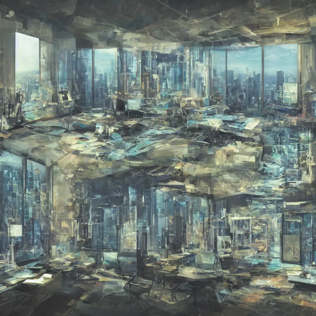 Prompt: photo realistic look inside a modern ai artists room with video screen walls and whimsical furniture with large windows overlooking a metropolis, perfect symmetry, super focus, 8 k, cinematic lighting, techie, mechanical, psychedelic, fractal, relaxing