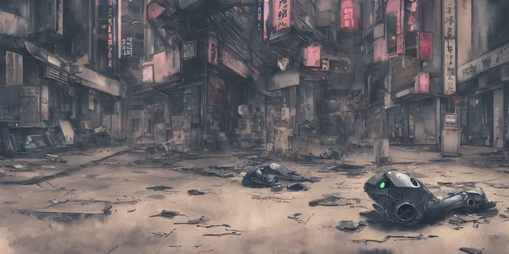 Image similar to a broken robot lying in deserted shinjuku junk town, watercolor, ghost in the shell, soft bloom lighting, paper texture, movie scene, cyberpunk, animatronic, black smoke, pale, beige sky pencil marks, hd, 4k, remaster, dynamic camera angle, deep 3 point perspective, fish eye, dynamic scene