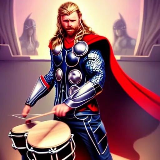 Image similar to thor playing the bongos, comic style by guweiz and stanley artgerm, extremely high quality artwork, very detailed, trending on artstation