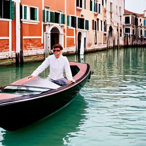 Image similar to a fashionable man driving a riva boat around the the venetian lagoon. kodak portra film photograph. fine art photography. cinematography inspired composition