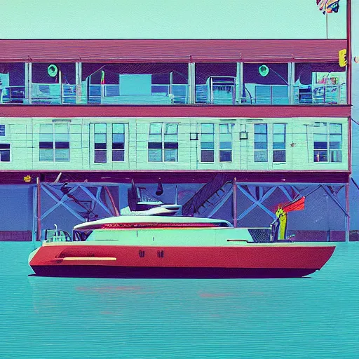 Image similar to yachting club by simon stalenhag