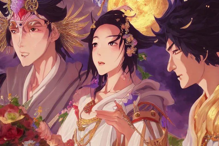 Image similar to close up moment of a divine a japan sun god and a moon goddess lovers magician at a wedding banquet, highly detailed, d & d, fantasy, 4 k realistic, digital painting, trending on artstation, concept art, sharp focus, illustration, art by makoto shinkai and akihiko yoshida and daniel gerhartz