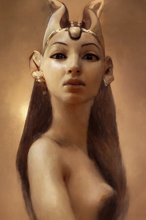 Image similar to portrait of the beautiful egyptian goddess, bastet, bast, woman / cat hybrid, soft torchlight in an egyptian tomb, digital art by ruan jia and mandy jurgens and artgerm and william - adolphe bouguereau, highly detailed, trending on artstation, award winning,