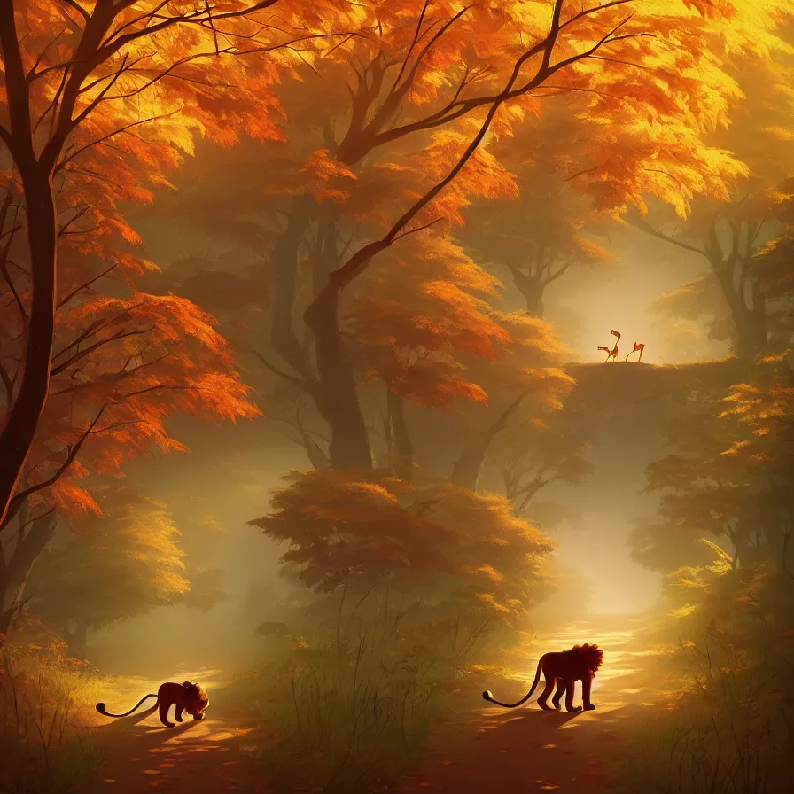 Image similar to Goro Fujita illustrating a lion walking through a beautiful autumn forest, art by Goro Fujita, sharp focus, highly detailed, ArtStation