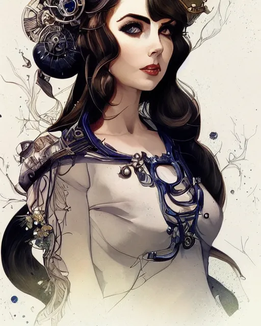 Image similar to in the style of joshua middleton, artgerm, beautiful elizabeth taylor, steampunk, full body, blue dress, elegant pose, middle shot, spooky, symmetrical face, symmetrical eyes, detailed realisitc eyes, detailed realistic eyes, detailed and intricate