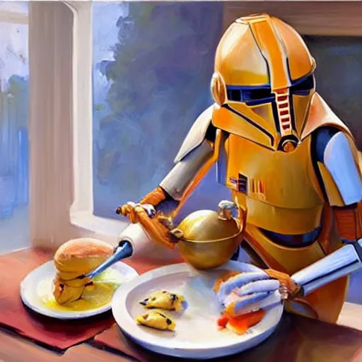 Image similar to Star wars battle droid making breakfast, painting by Vladimir Volegov