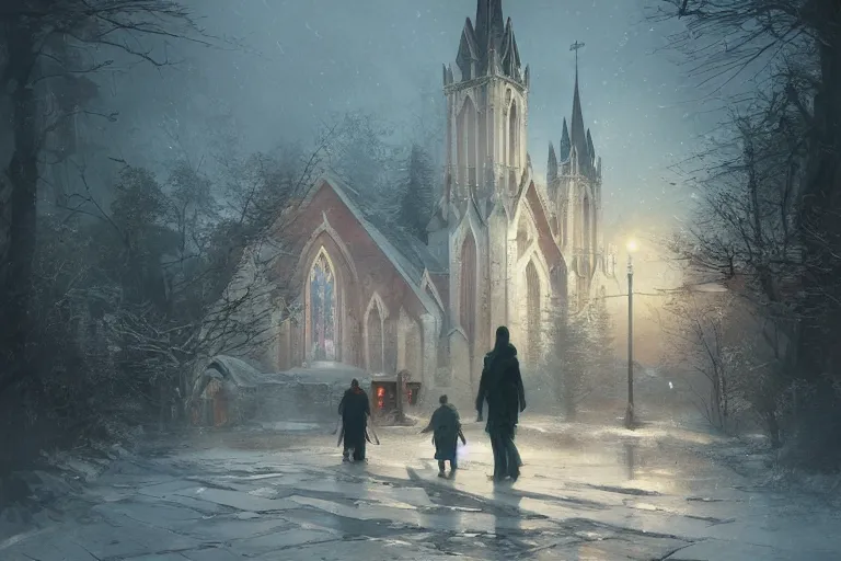 Prompt: a beautiful picture of church, two people, by greg rutkowski and thomas kinkade, trending on artstation