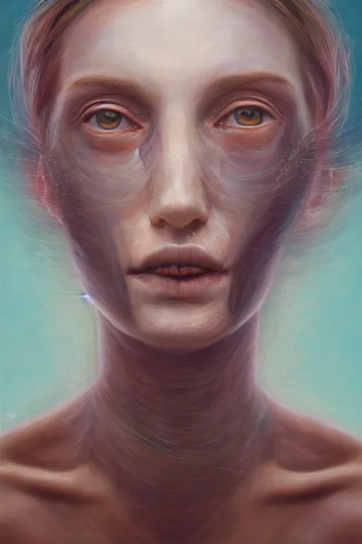 Prompt: woman's face close up portrait, eyes shut, third eye open, chakra energy waves resonating from her body, ethereal aura, epic surrealism 8k oil painting, portrait, perspective, high definition, post modernist layering, by Sean Yoro, Gerald Brom