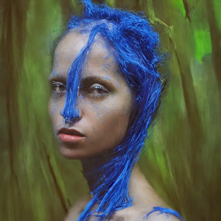 Prompt: closeup portrait of a woman wrapped in blue fiber, standing in a rainforest, color photograph, by vincent desiderio, canon eos c 3 0 0, ƒ 1. 8, 3 5 mm, 8 k, medium - format print