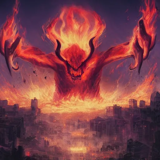 Image similar to Dark powerful creature all on fire with only one eye, destroying city, old art