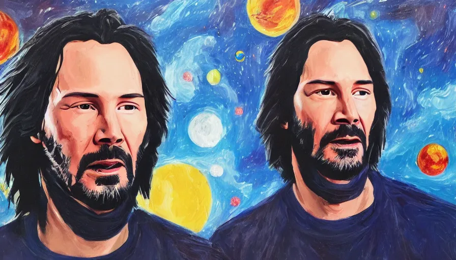 Prompt: Keanu reeves floating in space with a distressed look on his face, acrylic paint on canvas,