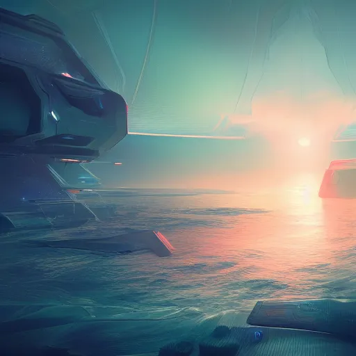 Image similar to futuristic virtual space, crisp, artstation, luxury, beautiful, dim painterly volumetric aquatic sunset lighting, 3 d concept art