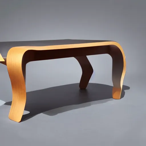 Image similar to futuristic wood table with surreal legs by frank gehry, brutalist style, product shot