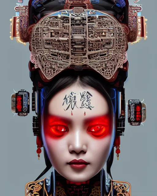 Image similar to portrait of a cyberpunk machine, machine face, upper half portrait, decorated with chinese opera motifs, asian, fine china, traditional chinese art, intricate, elegant, highly detailed, symmetry, headpiece, digital painting, artstation, concept art, smooth, sharp focus, illustration, art by artgerm and greg rutkowski and alphonse mucha, 8 k