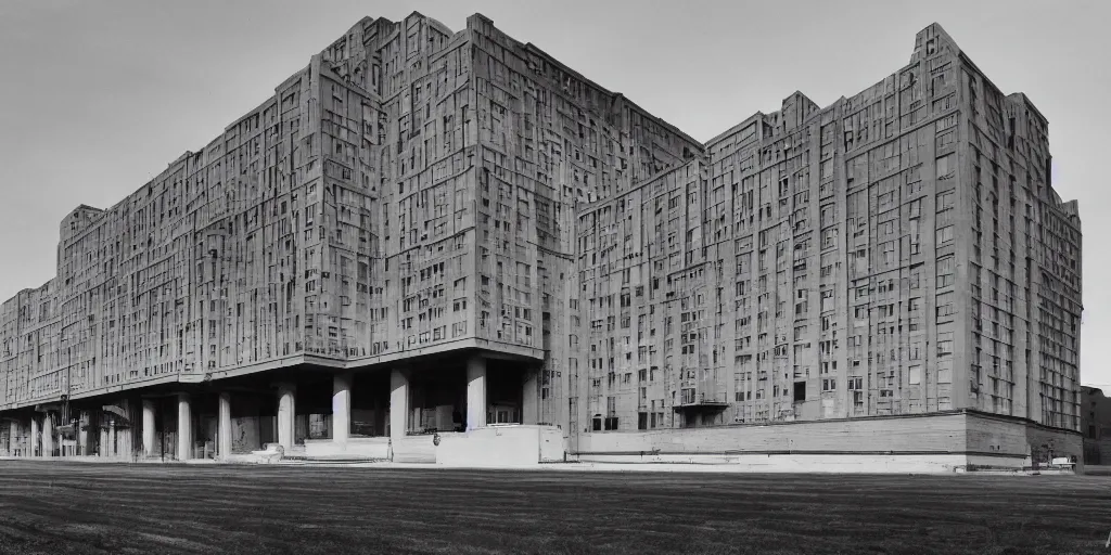 Prompt: wide angle photo of futurist building in the style of a new york central hudson locomotive. i. m. pei and corbusier.