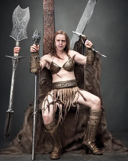 Image similar to bridget moynihan as king conan, directed by john millius, photorealistic, sitting on a metal throne, wearing ancient cimmerian armor, a battle axe to her side, cinematic photoshoot in the style of annie leibovitz, studio lighting