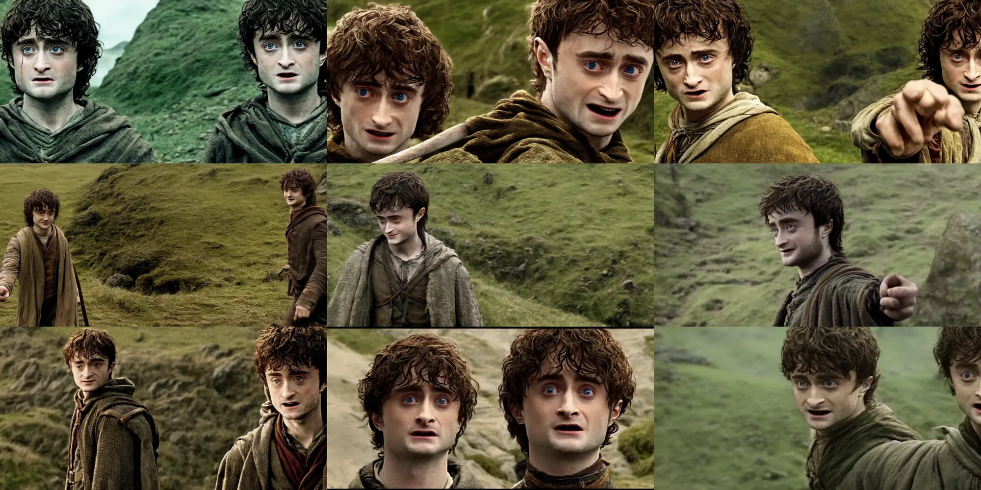 Prompt: daniel radcliffe as frodo baggings in the lord of the rings, videograb, cinematic 4 k