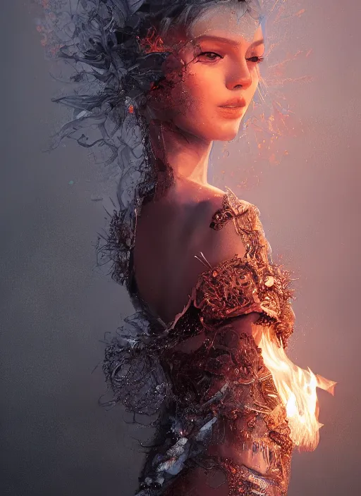 Image similar to 3d fashion portrait with fire, female, future, torch, flame, harper's bazaar, vogue, fashion magazine, intricate, concept art, close up, ornate, luxury, elite, elegant, trending on artstation, by ruan jia, by Kenneth Willardt, by ross tran, by WLOP, by Andrei Riabovitchev,