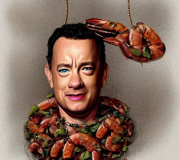 Image similar to Tom hanks as forrest gump wearing a necklace made out of shrimps around the neck, realistic face, digital art, in the style of Raphael Lacoste, amazing detail, artstation