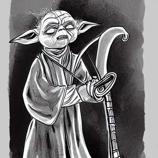 Image similar to Ink illustration Yoda playing the shofar, high contrast, trending on artstation