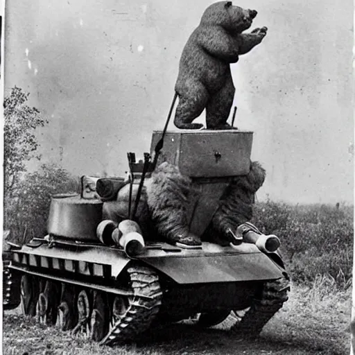 Image similar to a picture of a enormous bear pulling a towed artillery piece behind him, towed artillery piece is tied to the enormous bear, eastern front, historical picture