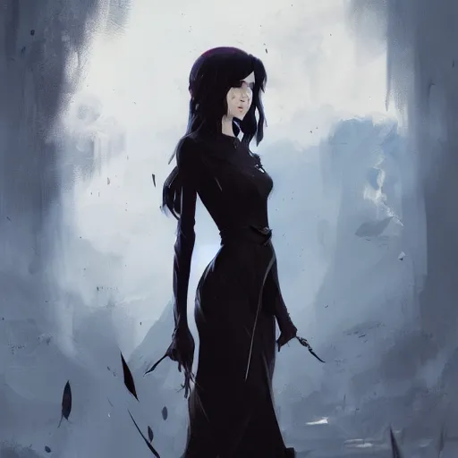 Image similar to female human vampire witch in the style of greg rutkowski, makoto shinkai, trending on artstation, character design, concept art, pretty face, highly detailed, long black hair, portrait, digital art