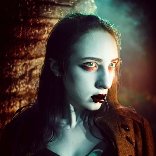 Image similar to riveting charismatic brunnette female vampire, portrait, atmospheric lighting, painted, intricate, highgate cemetery, fog, cold, volumetric lighting, beautiful, blue moon light, sharp focus, deep colours, ultra detailed, by leesha hannigan, ross tran, thierry doizon, kai carpenter, ignacio fernandez rios