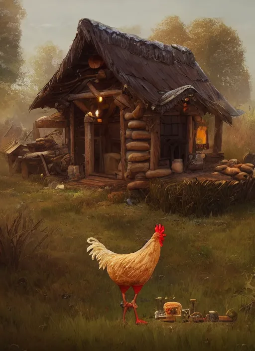 Image similar to hut with big chicken legs, greg rutkowski, zabrocki, karlkka, jayison devadas, trending on artstation, 8 k, ultra wide angle, zenith view, pincushion lens effect