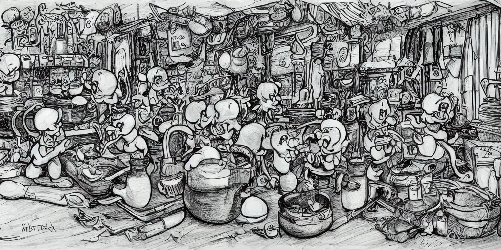 Image similar to high detailed color drawing of smurfs and long white bones black and white, tables, tools, leaking oil, line art, pen & ink drawing