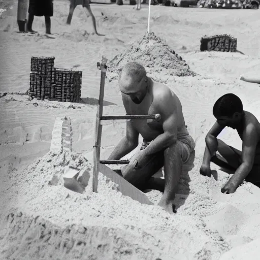 Prompt: A photo of tiny men constructing a sand castle