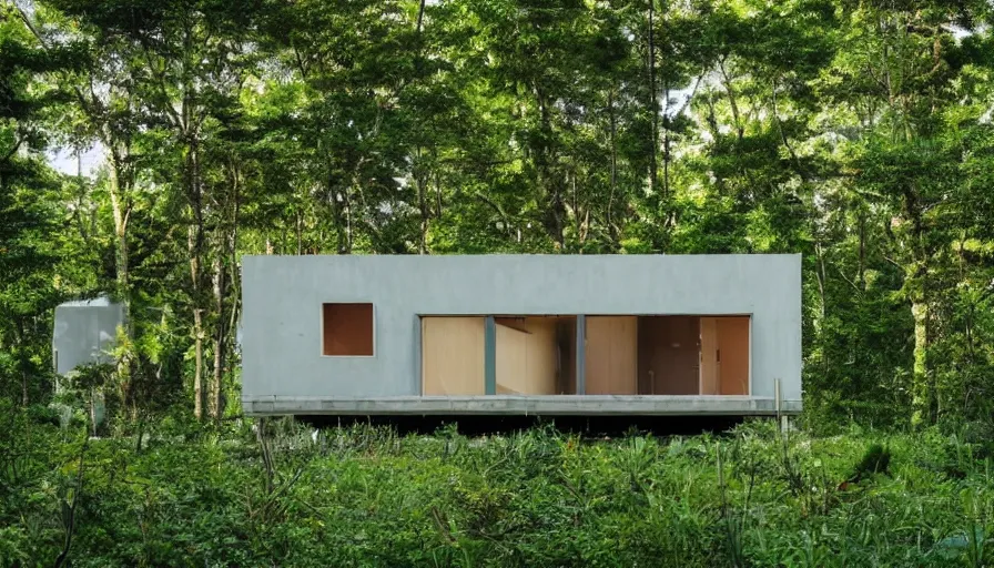 Image similar to A wide image of an eco-community of innovative contemporary 3D printed prefab sea ranch style cabin with rounded corners and angles, beveled edges, made of cement and concrete, organic architecture, in a lush green forest Designed by Gucci, Balenciaga, and Wes Anderson, golden hour