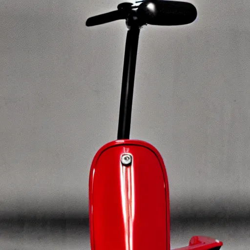 Prompt: vintage analog product photography of an electric scooter, 70s design, bright red, studio lighting, film grain, lensflare, color bleed, glare