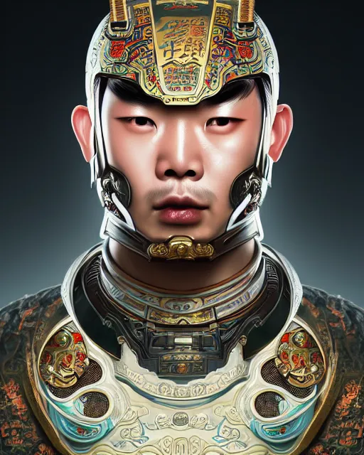 Image similar to portrait of a chinese masculine male cyberpunk machine, machine face, upper half portrait, decorated with chinese opera motifs, muscular, asian, fine china, wuxia, traditional chinese art intricate intense elegant 京 剧 highly detailed digital painting artstation concept art smooth sharp focus illustration, art by artgerm and greg rutkowski alphonse mucha 8 k