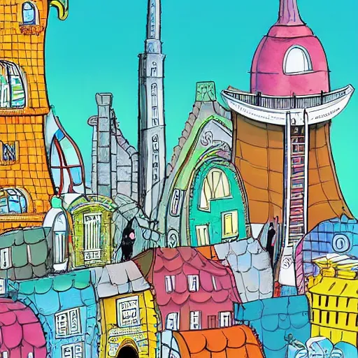 Image similar to fanciful city filled with curvy buildings, by dr seuss, oh the places you'll go, arches, platforms, towers, bridges, stairs, colorful kids book illustration