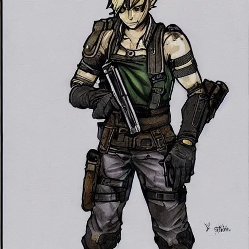 Image similar to link from zelda wearing a resident evil suit with gun by yoji shinkawa, concept art