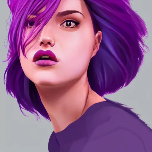 Image similar to a stunning upper body portrait of a beautiful woman with purple hair and pink highlights blowing in the wind by marvel comics, digital art, trending on artstation