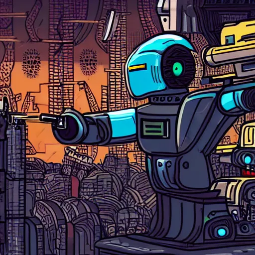 Image similar to detailed, intricate illustration of robot jesus shooting a gun in a cyberpunk city