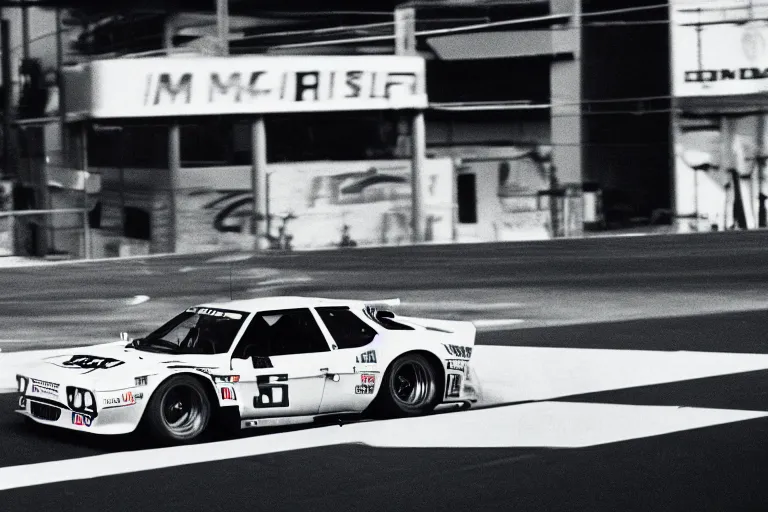 Prompt: single racecar 1 9 6 8 audi quattro, bmw m 1, movie still, vintage footage on tokyo streets, volumetric lighting, f 8 aperture, cinematic eastman 5 3 8 4 film