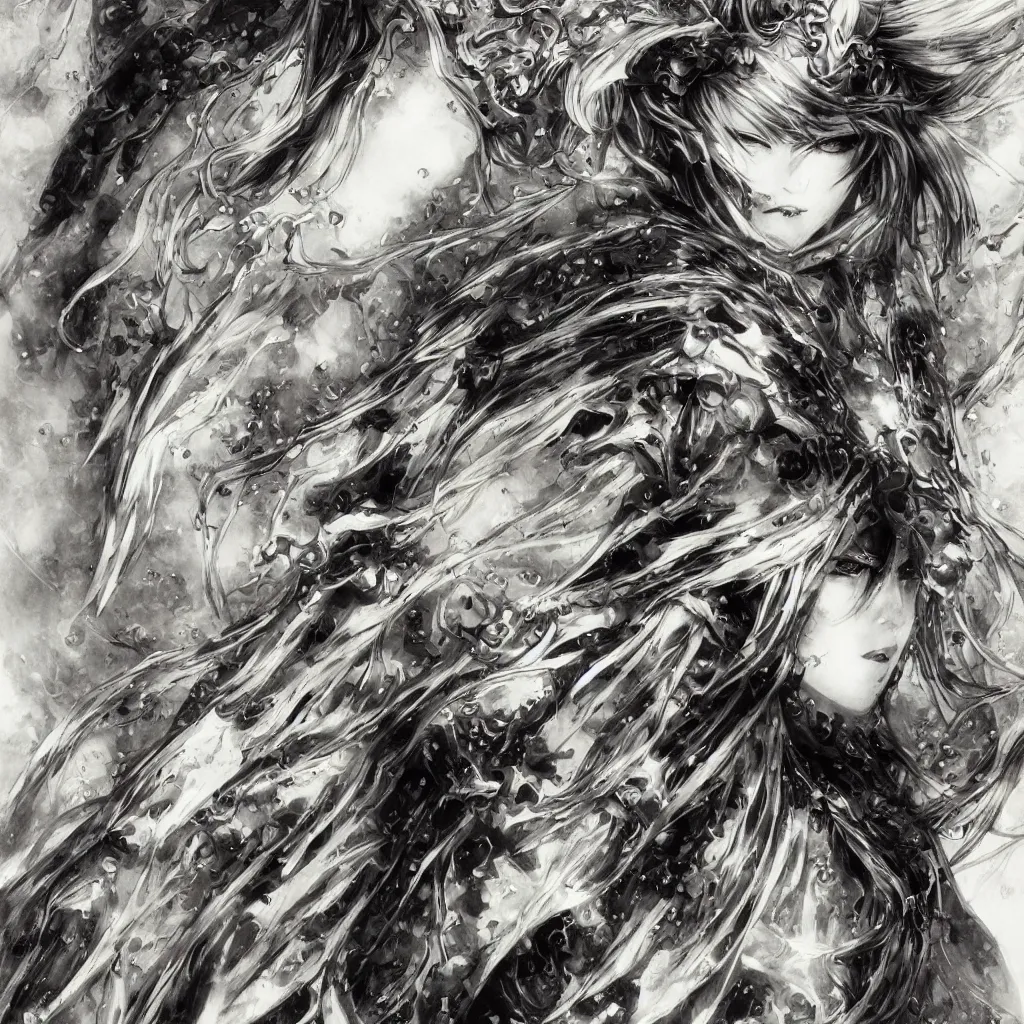 Image similar to Yoshitaka Amano realistic illustration of an anime girl with wavy white hair and cracks on her face wearing Elden ring armour with the cape fluttering in the wind, abstract black and white patterns on the background, noisy film grain effect, highly detailed, Renaissance oil painting, weird portrait angle