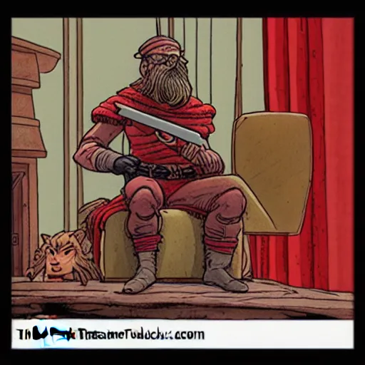 Image similar to rackham the red sitting in podcast! studio, in the style of moebius