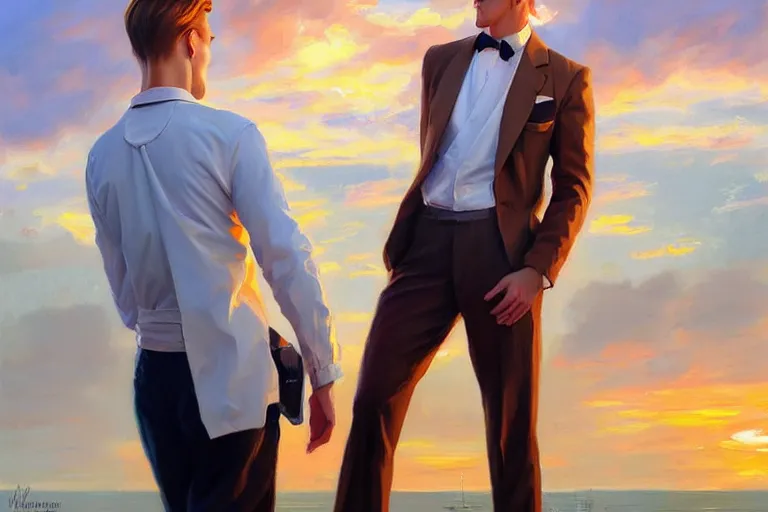 Prompt: attractive man chatting, sunset, painting by vladimir volegov, j. c. leyendecker, tom of finland, trending on artstation