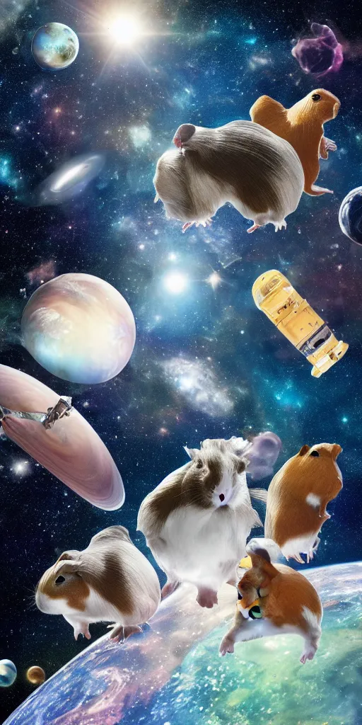 Prompt: ultra realistic guineapigs floating in space suits floating in space on the cover of vogue magazine, 4 k, 8 k, nebula, universe, many stars, space station