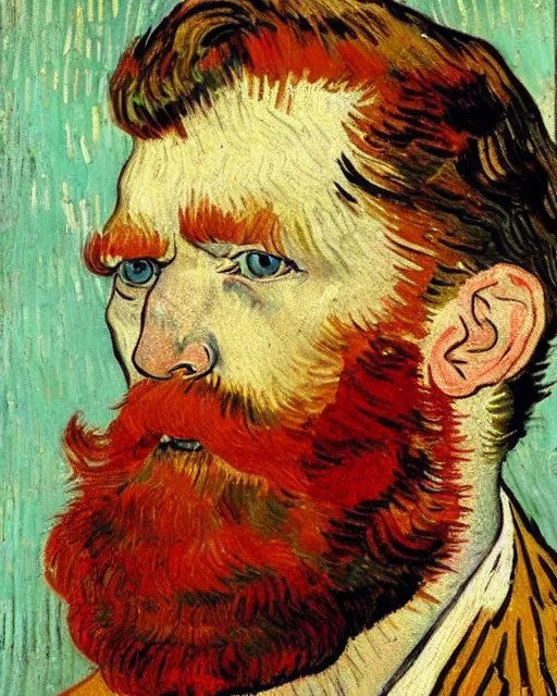 Prompt: An oil painting of a red headed man in his thirties, short beard, trimmed hair, by van gogh, very detailed