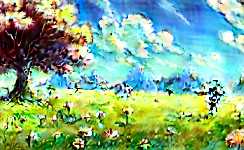 Image similar to fantastic anime sunny meadow with flowers, lone old Oak in the middle plane and mountains on the background, by Hayao Miyazaki, Nausicaa, Ghibli, Breath of the wild, Anime wallpaper