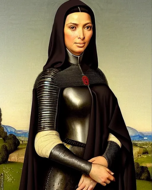 Prompt: kim kardashian as armored battle nun, delicate detailed medieval portrait in the style of eugene de blaas, perfect face