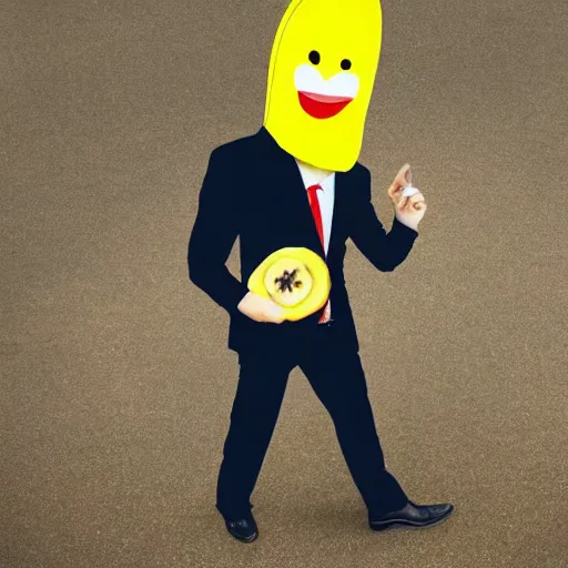 Image similar to a person with a banana head wearing a business suit