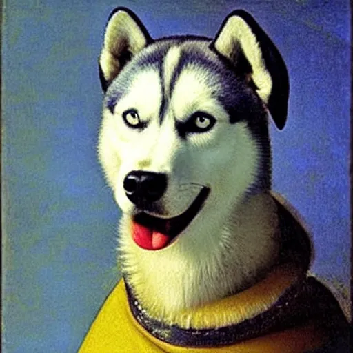 Image similar to A husky dog with a pearl earring by Johannes Vermeer